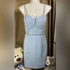 Chic Light Blue Embellished Midi Dress